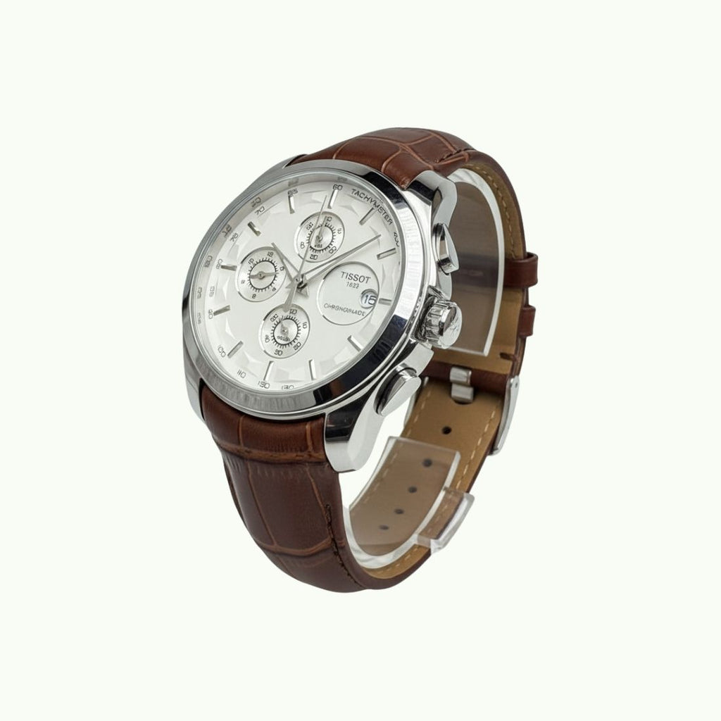Tissot couturier chronographe acier et bracelet cuir croco brun