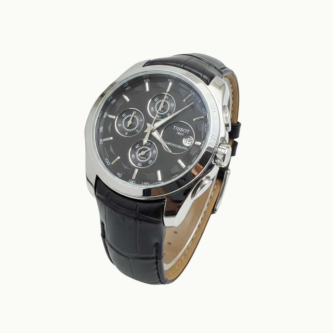 Tissot couturier chronographe acier et cadran noir et bracelet cuir croco noir