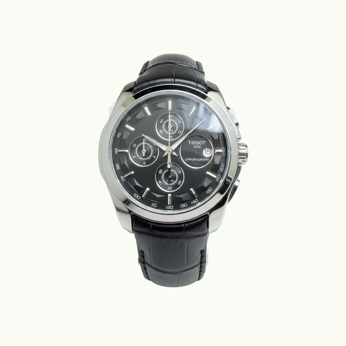 Tissot couturier chronographe acier et cadran noir et bracelet cuir croco noir